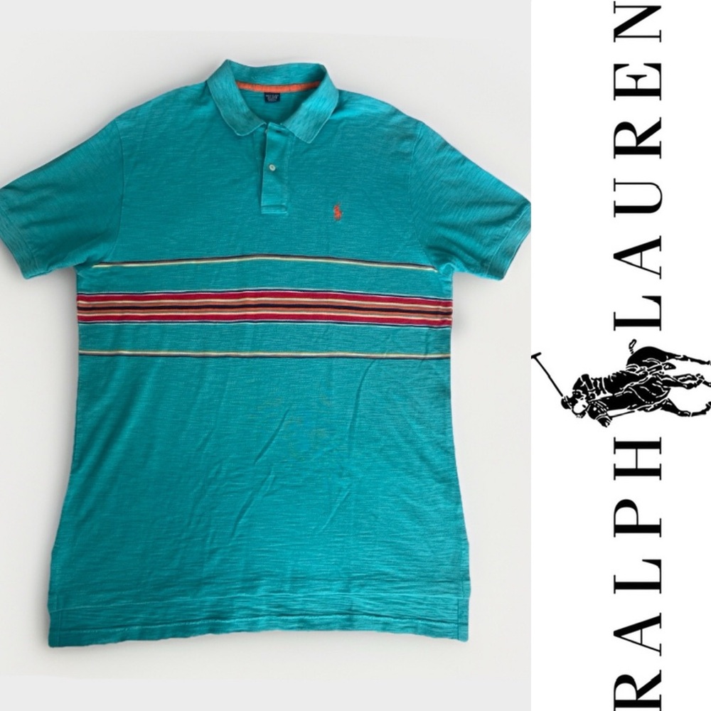 Vintage RALPH LAUREN Polo Shirt XL Blue Aztec Stripe Southwestern Orange Pony